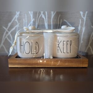 Rae Dunn Cream Ceramic Jars with Wooden Tray & Spoons‎